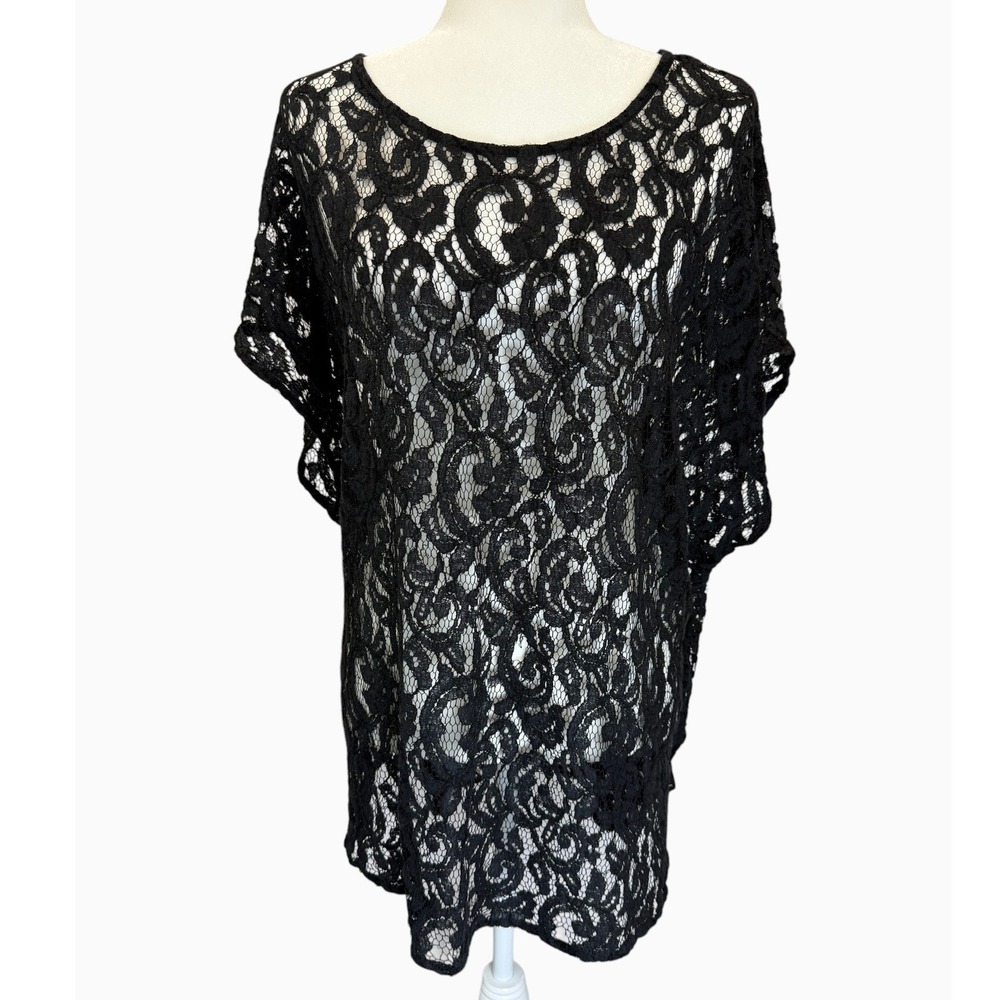 Bobeau Black Lace Tunic Top Women's 3X Sheer Overlay Back Zip Boho Plus Size